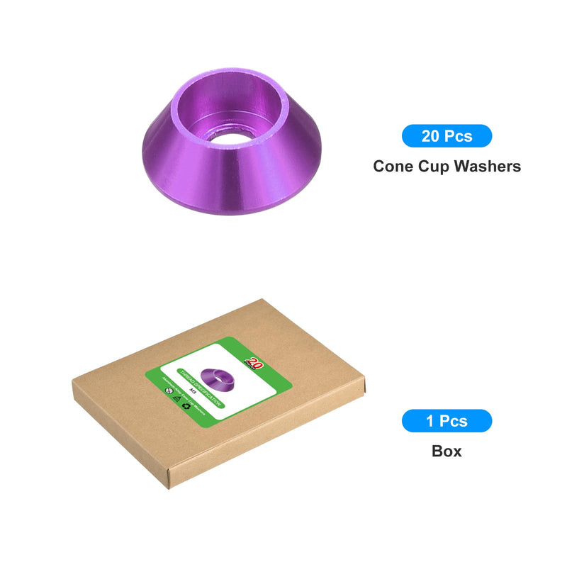 uxcell M3 Cone Cup Countersunk Washers, 20 Pcs Anodized Aluminum Gaskets Cup Head Washer Gasket, Cup Screw Counterbore Gasket for Mechanical Accessories Parts, Purple