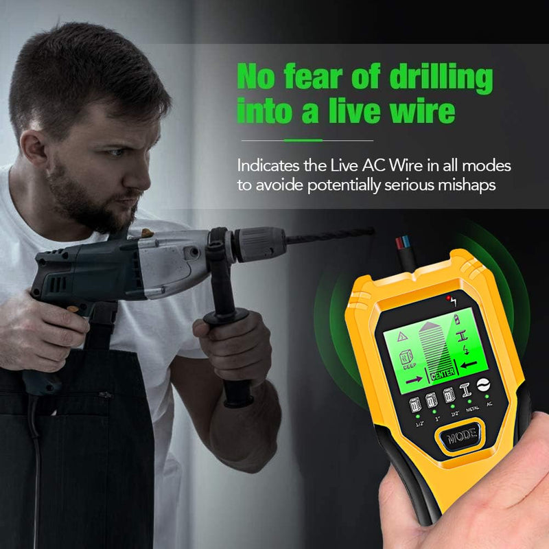 Stud Finder Wall Scanner 5 in 1 Multifunctional Upgraded Smart Wall Scanner, Stud Sensor Beam Detector with Battery for Wood Metal and AC Wire Detection, Comes with HD LCD Display and Audio Alarm Yellow