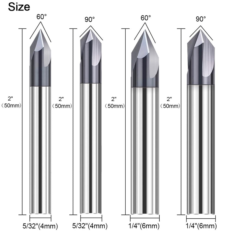 ASNOMY 4Pcs Carbide Chamfer End Mill V Groove Router Bit 60 Degree and 90 Degree, 3 Flutes CNC Milling Cutter V Bits for Carving and Engraving 4 5/32" & 1/4", 60 & 90 Degree