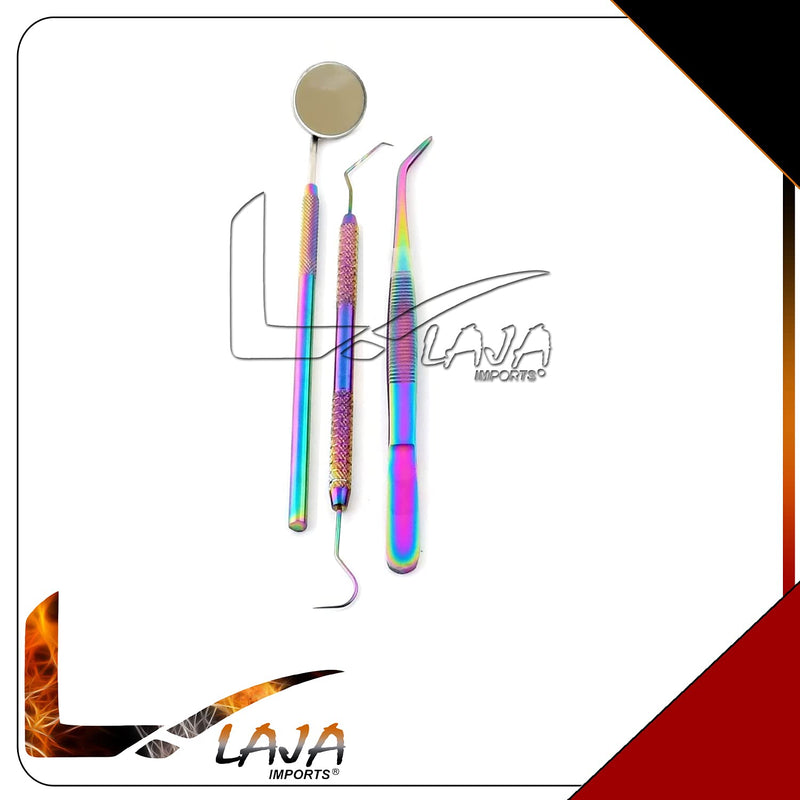 Dental Hygiene Set - 3Pcs Basic Dental Instruments Stainless Steel Dental Rainbow Tooth Pick, Mouth Mirror/Cotton Plier/Dentists Tools is Ideal for Personal Use & Pet Friendly for Educational Use