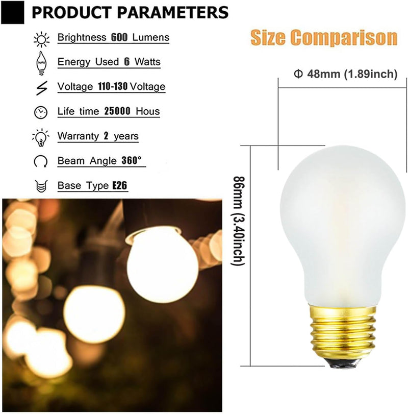 Frosted E26 Edison Bulb A15 Light Bulb 6W Equal 60 watt Light Bulb Dimmable AC120V Warm 2700K E26 Led Bulb for Pendant,Chandeliers,Vanity,Wall sconces Edison Light Bulbs 60 Watt 600lm 6Pack 6w=60w Warm White 2700k