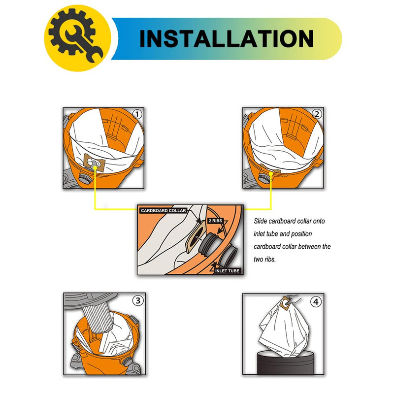 Part # RIDGID VF3502 Replacement Shop Vac Bags for Rigid 12, 14, and 16-Gallon Wet/Dry Vacuums, 5 Pack, 23743, Size A