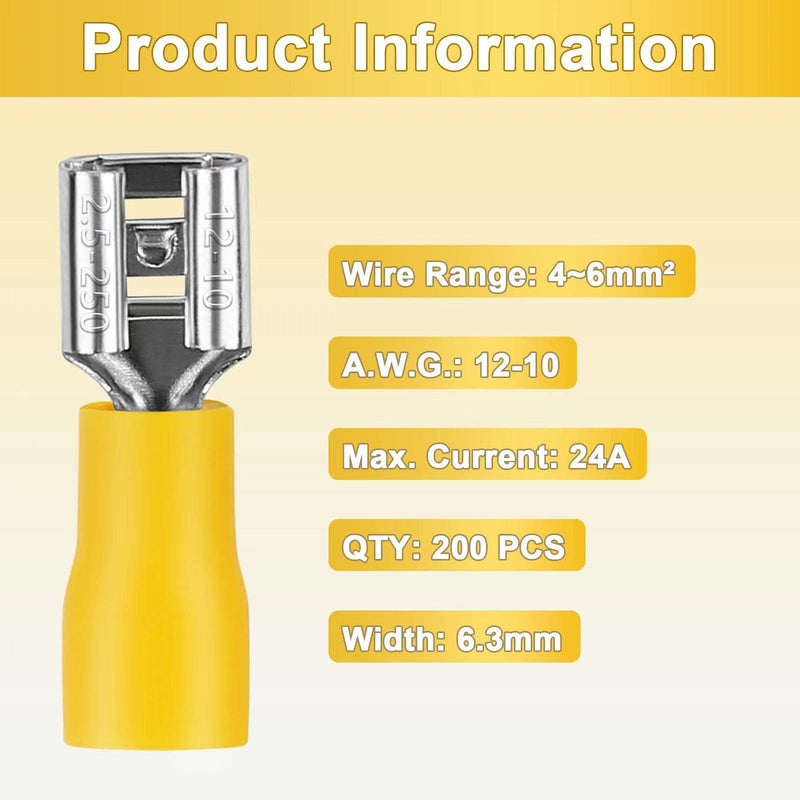200 Pcs Yellow Female Quick disconnects Vinyl Insulated Spade Wire Connectors, Electrical Crimp Terminal 12-10 AWG (6.3mm) Yellow(12-10 AWG)