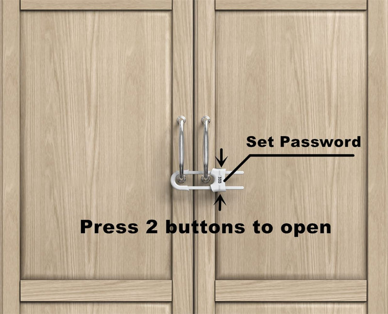 4 Pack Child Proof Sliding Cabinet Door Code Locks Baby Safety Cupboard Locks Adjustable U Shaped Cabinet Latches for Knob Handle Drawers Closet Plastic (4 PCS, White) 4 PCS
