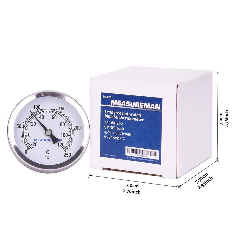 MEASUREMAN Hot Water Bi-Metal Thermometer, 2-1/2" Dial, 1-3/4" Lead-Free Brass Stem, Range 0-250 deg F/-20-120 deg C, 2% Accuracy, Adjustable, 1/2" NPT Back Mount 1-3/4" Stem