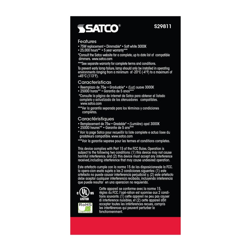 Satco S29811 11 Watt A19 LED Dimmable Frosted Light Bulbs - 3000K Soft White - E26 Medium Base - 1100 Lumens - 220 Degree Beam Angle - 120 Volts - Damp Location (6 Pack)