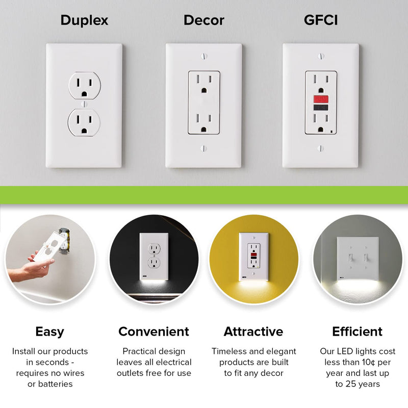 Single - SnapPower GuideLight 2 [for GFCI Outlets] - Replaces Plug-in Night Light - Electrical Receptacle Wall Plate with LED Night Lights - Auto On/Off Sensor - (GFCI, White)
