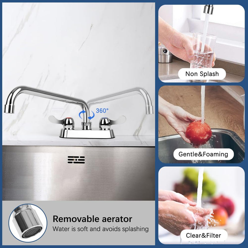 Deck Mount Bar Sink Faucet with 12" Swivel Spout, 4 Inch Center Commercial Utility Sink Faucet for Kitchen Laundry Restaurant Compartment Sink, Brass Constructed 12" Spout