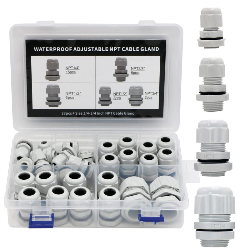 33PCS Cable Gland Waterproof Kit White IP68, Plastic Cable Connectors Black Nylon Adjustable 3-18mm with Locknut and Washer,Electrical Conduit Fitting 1/4” 3/8”1/2”3/4” Strain Relief Cord Grip 33pcs kit box