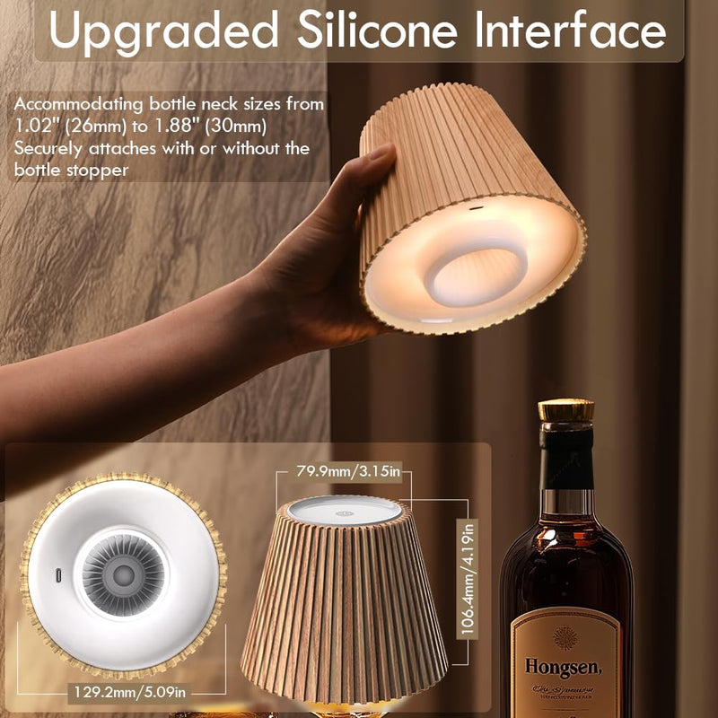 WILIT Wireless Bottle Lamp Shades for Table Lamps, 3 Level Brightness Touch Lamps for Nightstand, Rechargeable Lamp Cordless Lamp for Bedroom Bar&Restaurant, Modern Wine Bottle Light, Gifts for Women 1pc-Natural Wood Grain