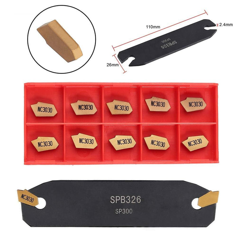 CNC Lathe Turning Tool Holder:SPB26-3 Grooving Cut-Off Tool with 10pcs GTN-3 SP300 Carbide Inserts Blades SPB26-3+10Pcs GTN-3 SP300