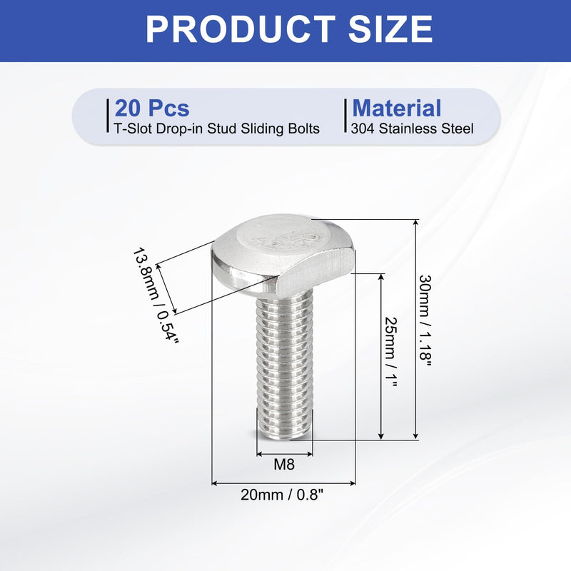 PATIKIL M8 x 25 mm T Slot Bolts, 20 Pcs 304 Stainless Steel Drop-in Bolt T Shape Stud Sliding Screw Metric Thread Hammer Head Bolt for T Track, Silver M8x25mm