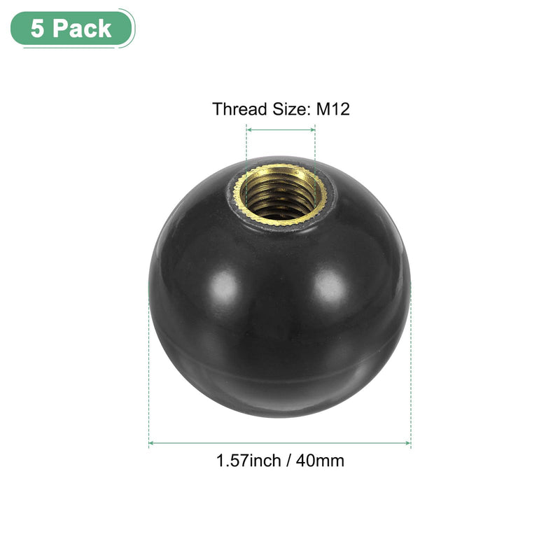 5-Pack Threaded Ball Knobs, M12 Female Thread 40mm Dia. Thermoset Ball Knob for Lathe/Machine/Lawn Mowers, Round Phenolic Brass Insert Lever Handle [Black] M12x40mm Black