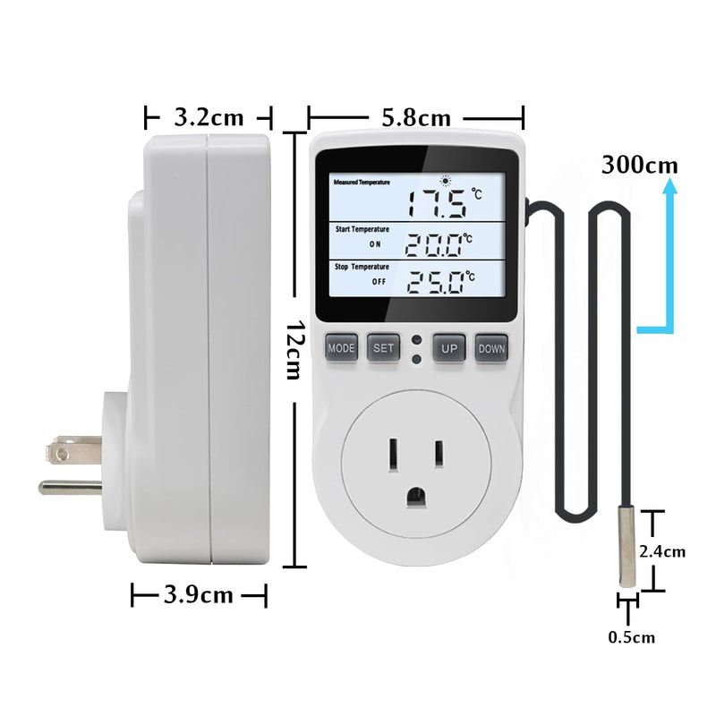KETOTEK Digital Temperature Controller Thermostat Outlet Plug 120V with LCD Backlight, Heating Cooling Temperature Controlled Outlet 110V 15A with 3m Sensor Backlit Style