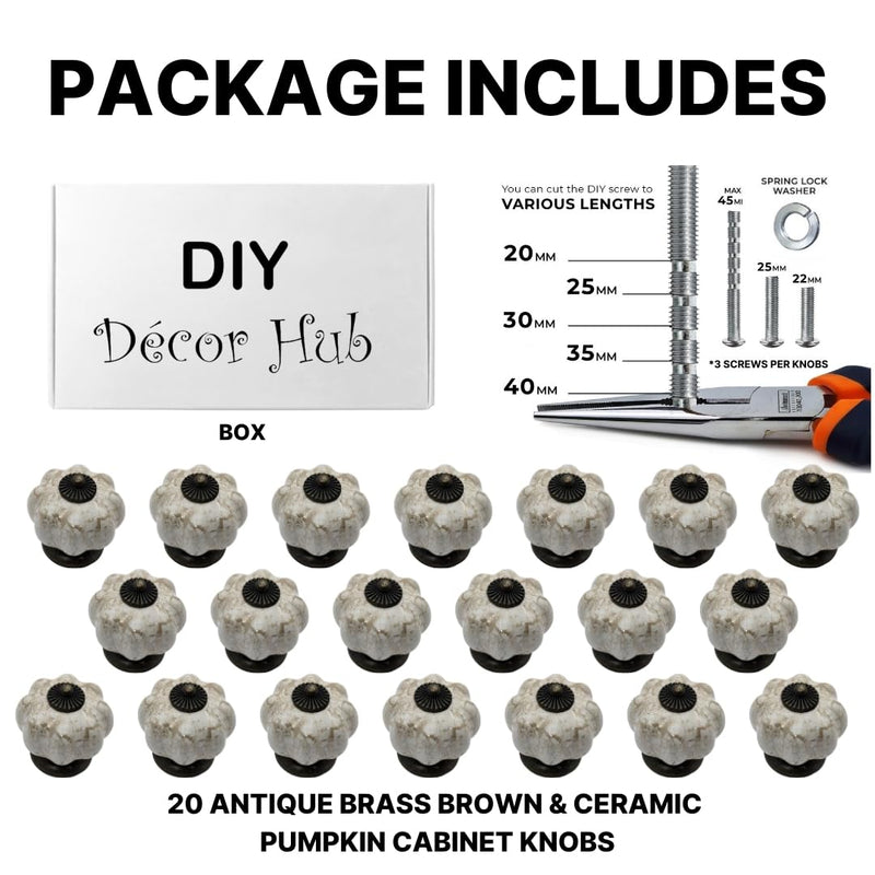 20 pcs Antique Brass Brown Ceramic Pumpkin Cabinet Knobs with Solid Brass Core for Cabinets, Drawers, Dressers Antique Brass-Brown 20