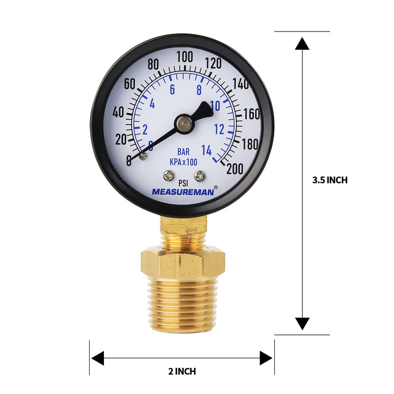 Measureman 2" Well Pump Pressure Gauge, 0-200psi/bar, 1/4" NPT Male with 1/2" NPT Adaptor, +/-3-2-3% Accuracy，Lower Mount 2" 0-200 psi Lower Mount