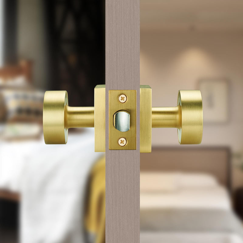 Gold Door Knobs,Passage Modern Satin Brass Door Handles Square Rosette for Interior Hallway Closet Passage