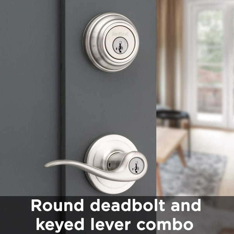 Kwikset 991 Tustin Entry Lever and Single Cylinder Deadbolt Combo Pack featuring SmartKey in Satin Nickel, Model Number: 99910-040 Combo Pack (Pack of 1) Reversible
