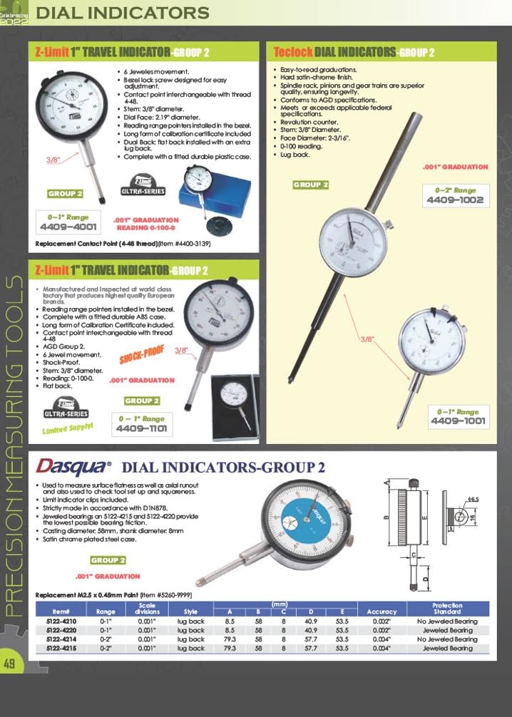 4409-1111 Shockproof Dial Indicator, 0-10 mm Range, 01 mm Graduation, 0-100-0 Reading, 0-10 mm Metric Dial Indicator
