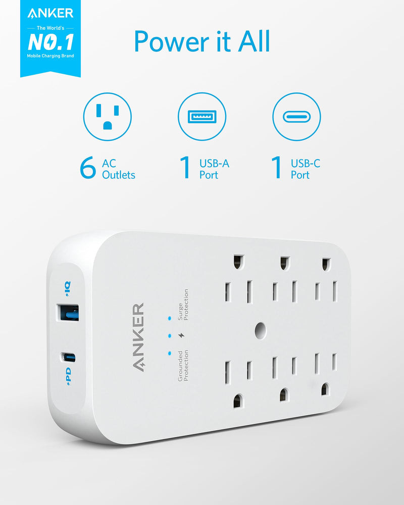 Anker Outlet Extender and USB Wall Charger, 6 Outlets and 2 USB Ports, 20W USB C Power Delivery High-Speed Charging iPhone 15/15 Plus/15 Pro/15 Pro Max, Multi-Plug for Dorm, Home, and Office, White 1