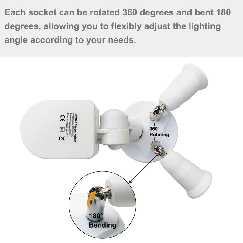 Motion Sensor Light Socket Splitter Adapter,2 in 1 Light Socket Extender with Adjustable Arms,360 Degree Rotatable 180 Degree Bendable,Auto Lights Motion Detector Indoor for Porch,Garage(2 Pack)