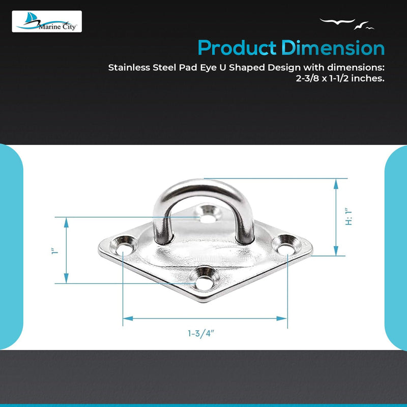 MARINE CITY U-Shaped Pad Eye, Polished Finish Stainless Steel, Durable, Corrosion-Resistant, Easy to Install for Marines, Boats, Ships, Kayaks, and Outdoor Use 2 PCS