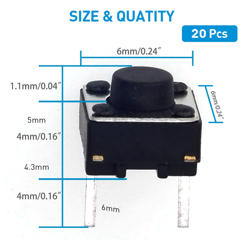 QTEATAK 20 Pcs 6mm 2 Pin Momentary Tactile Tact Push Button Switch Through Hole Breadboard Friendly for Panel PCB