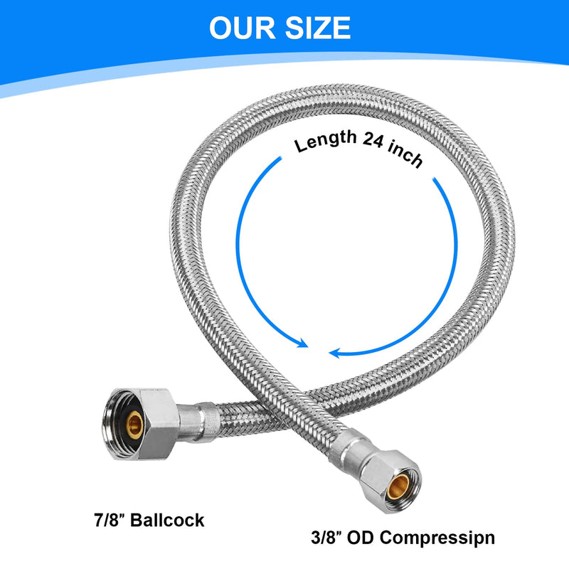 Universal Flexible Toilet Connector, 24-Inch x 3/8" Comp x 7/8" BC, Premium Braided Stainless Steel Toilet Water Supply Connector Line with Anti-Leaking Brass Nut 24 Inch