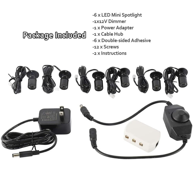 Dimmable 12V LED Mini Spotlights for Display - 1.5W Daylight 6500K, Tiny Spotlights for Displays with Dimmer, Black - Pack of 6 Daylight - 6 Pack