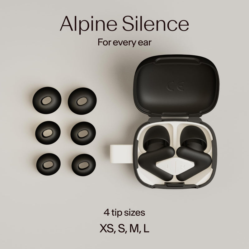 Alpine Silence Earplugs for Sleep, Focus & Travel - V-Shape Snug Fit & Soft Oval Tips – 4 Sizes XS/S/M/L - Comfortable, Reusable Hearing Protection - 22dB – Black