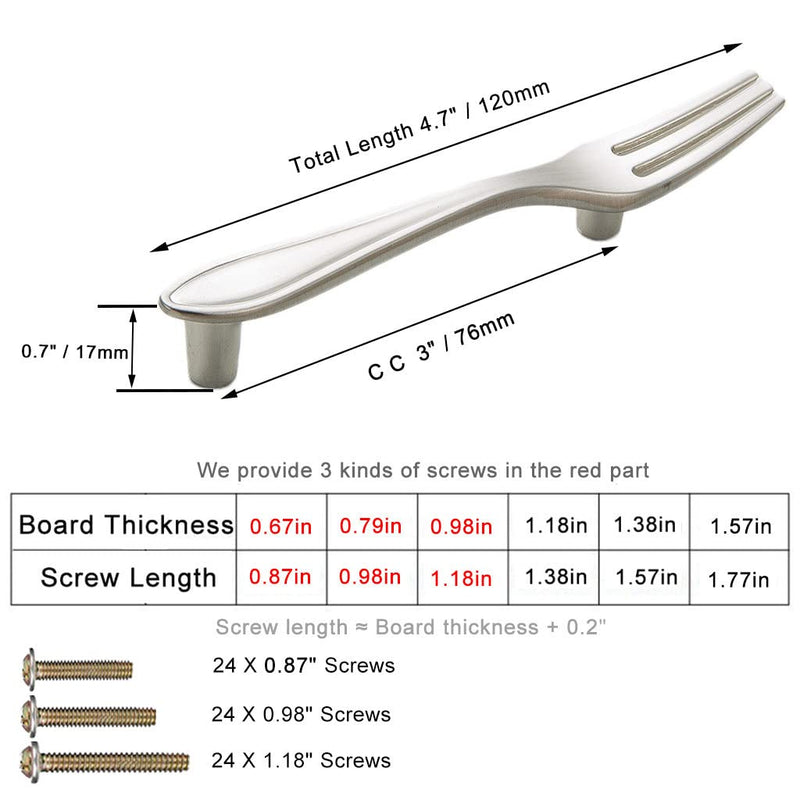 12Pcs Funny Cutlery Tableware Cabinet Pulls,Creative Spoon Fork Knife Shape 3" Hole Center Vintage Kitchen Cupboard Pulls Handles,Cute and Fun (Fork, Silver, 12Pcs)