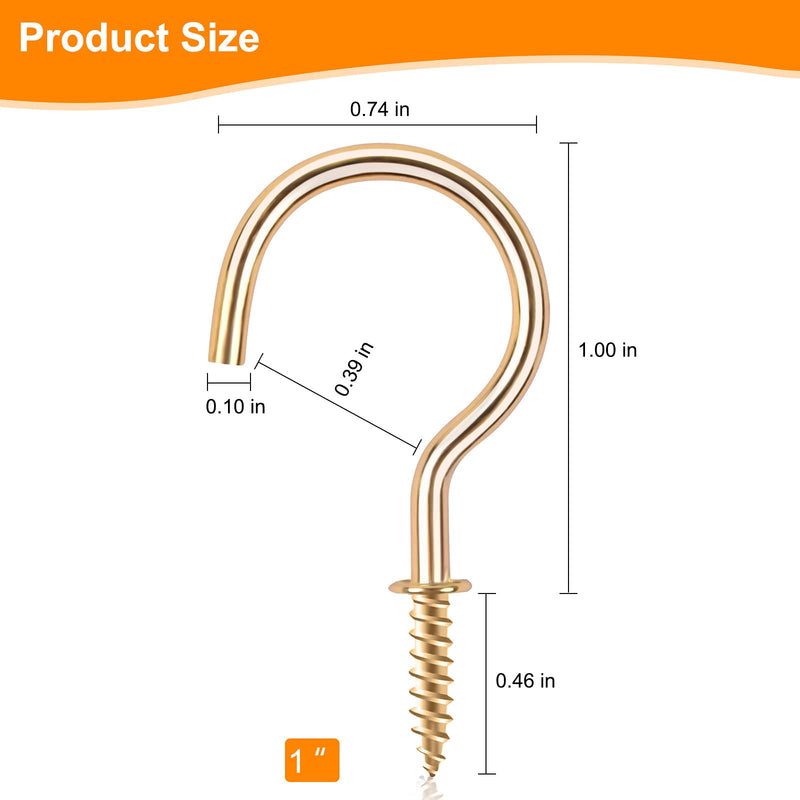 Cup Screw Hooks,1 inch Metal Screw in Ceiling Hooks,100 Pack Metal Ceiling Cup Hooks Plant Hanger Hooks, Wind Chimes Hooks Kitchen Cup Hooks Great for Hanging Indoor & Outdoor Use(Golden) Gold 1 Inch
