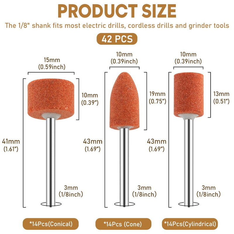 42 Pcs Sanding Bits, Aluminium Oxide Grinding Stone Set with 1/8" Shank Compatible with Dreme Rotary Tool for Metal Rust Removal, Smoothing, Deburring