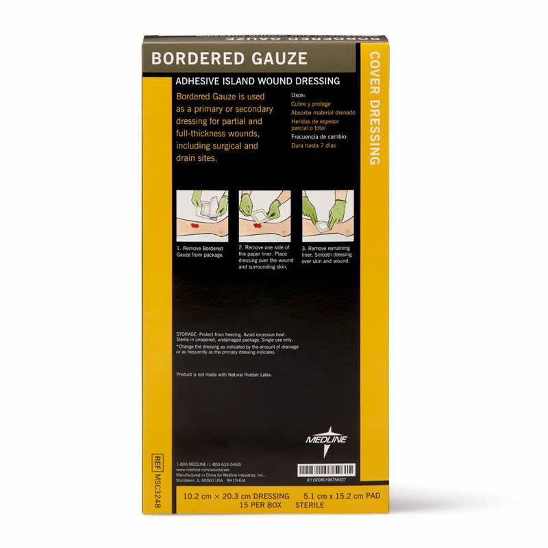 Medline Sterile Bordered Gauze, 4" x 8" with 2" x 6" Pad (Pack of 15) 4" x 8" (2" x 6" Pad)