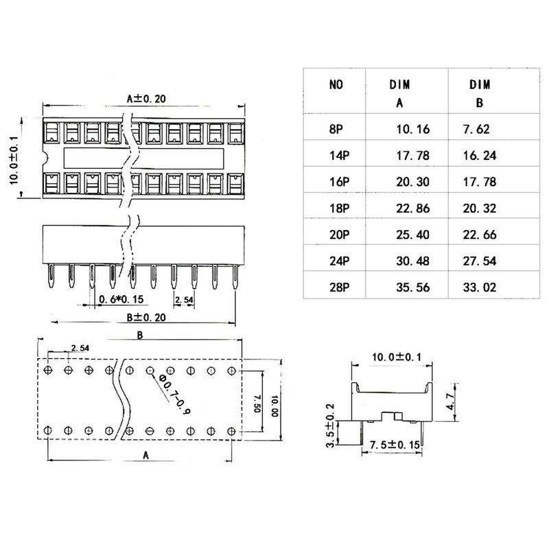 10Pcs 20P IC Socket DIP Integrated Circuit IC Sockets Adaptor Solder Type 2.54mm Pitch Dual Row 20 Flat Pin