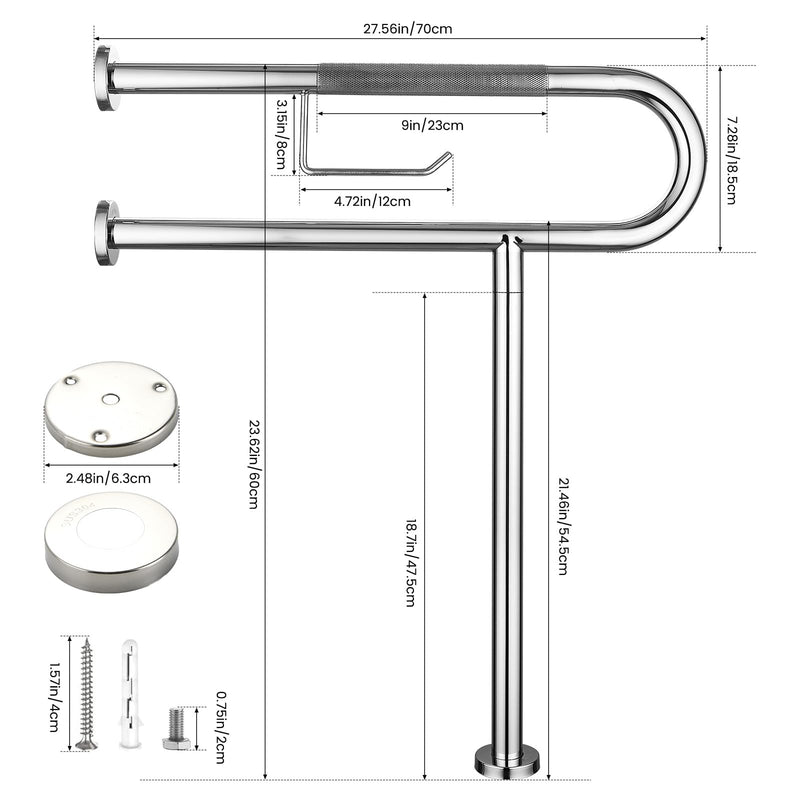 Toilet Grab Bar 24*27.5 Inch, Zynuhmo Anti-Slip U Shaped Support Rail with Paper Holder, SUS304 Stainless Steel Knurled Safety Handrails with Leg for Elderly Disabled Pregnant(1.25'' Dia Tube, Chrome)