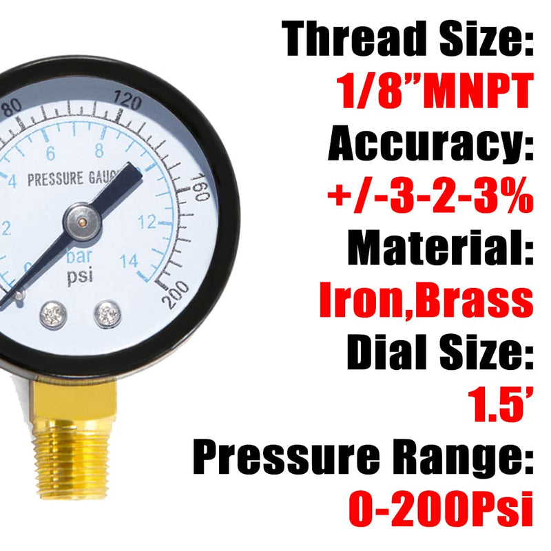 1/8" NPT 200Psi Steel Economical All Purpose Pressure Gauge with Brass Internals 1.5" Dial Display Bottom Mount 0-200Psi Lower Mount-1/8"NPT