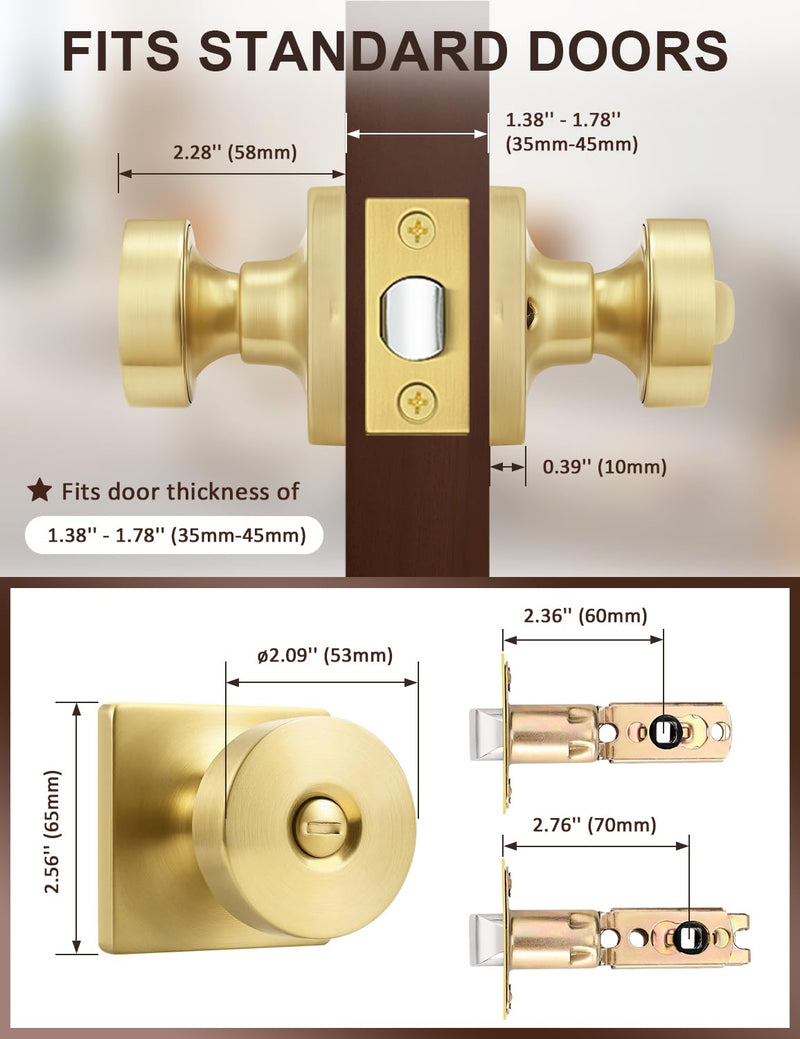Tinewa 1 Pack Gold Interior Privacy Door Knob with Lock, Brushed Brass Bedroom Door Locks, Keyless Privacy Door Handle Locks, Zinc Alloy Heavy Duty Door Knobs on Square Rose