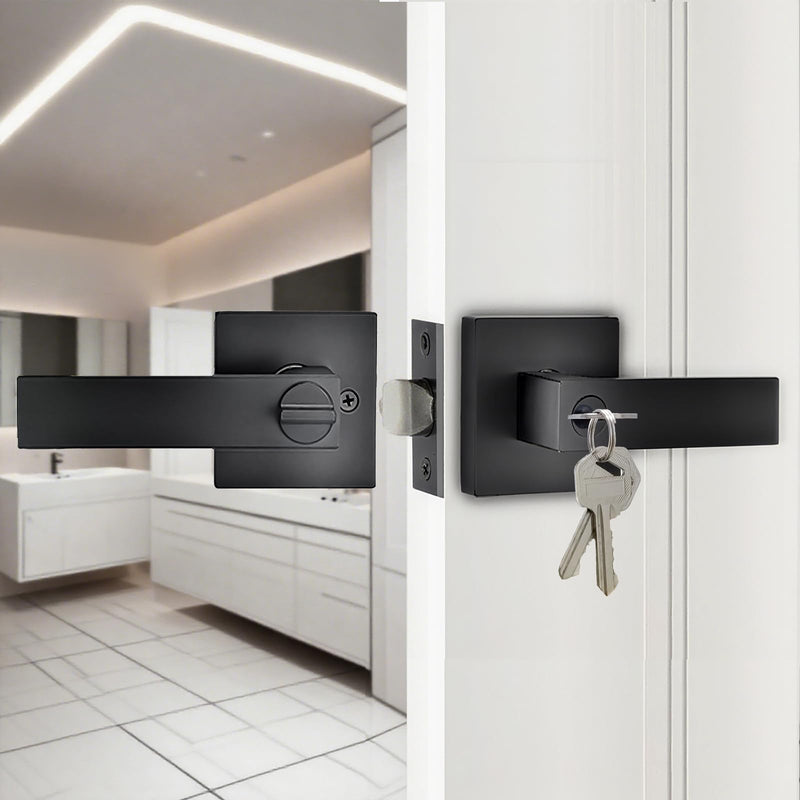 Jbox Keyed Entry Door Knob with Lock – Heavy Duty Exterior & Interior Door Lock Set, Secure Front Door Knob for Home & Commercial Use, Satin Nickel Finish, Square Design, Easy to Install (1 Pack)