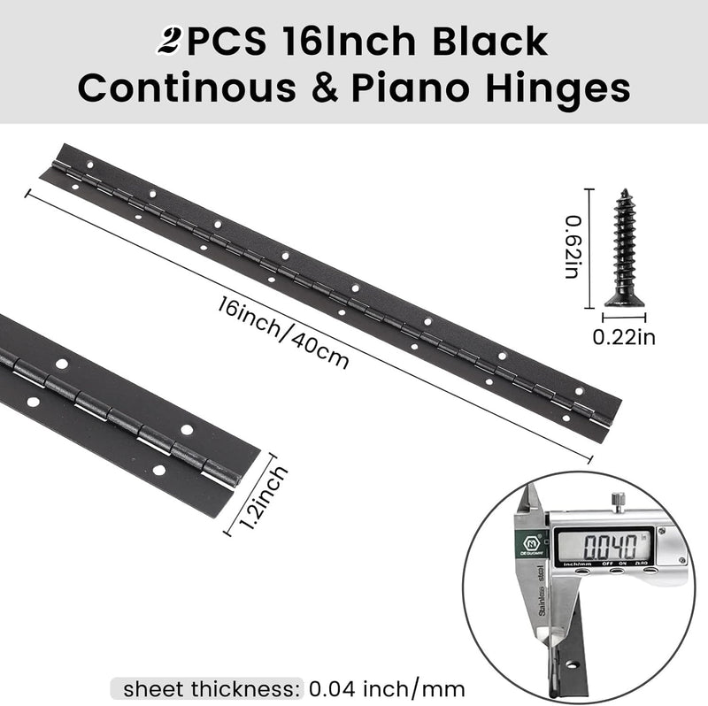 16-Inch Black Continuous & Piano Hinges - 2 PCS Heavy Duty Stainless Steel Butt Hinges with Hole - 0.05" Thickness, 1.2" Open Width - Ideal for Folding Cabinet Doors - Includes 32pcs Screws