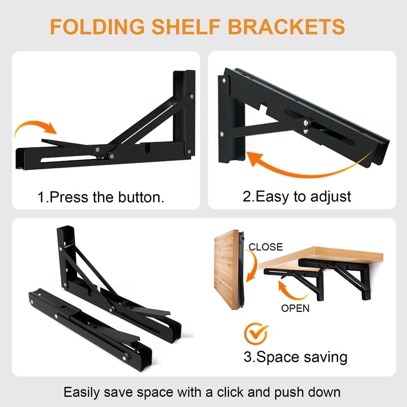 Folding Shelf Brackets - Heavy Duty Metal Collapsible Shelf Bracket for Bench Table, Shelf Hinge Wall Mounted Space Saving DIY Bracket, Max Load: 150 lb 2 PCS (10 Inch, Black) 10 Inch