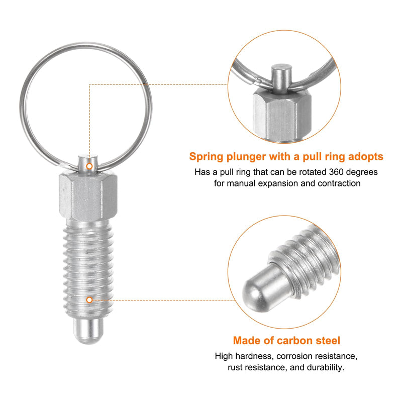 HARFINGTON 2Pcs Spring Plunger with Pull Ring M10x1.5 Thread Size 0.79" Thread Length Pin Dia.6mm Round Head Carbon Steel Non-Locking Retractable Index Plunger for Industrial Equipment