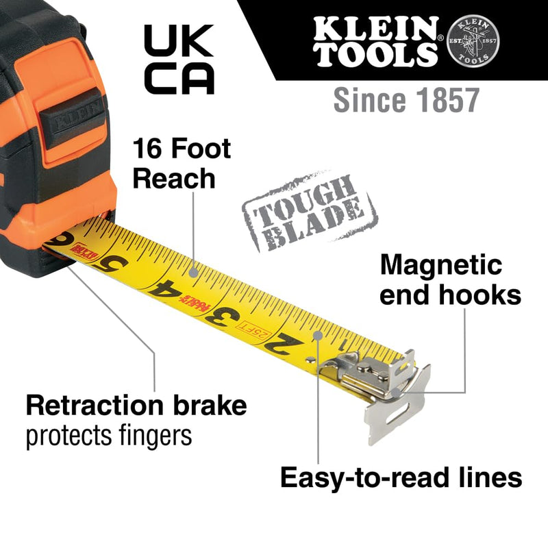 Klein Tools 9216 Tape Measure, Heavy-Duty Measuring Tape with 16-Foot Double-Hook Double-Sided Nylon Reinforced Blade, with Metal Belt Clip Magnetic Double-Hook 4.9 m