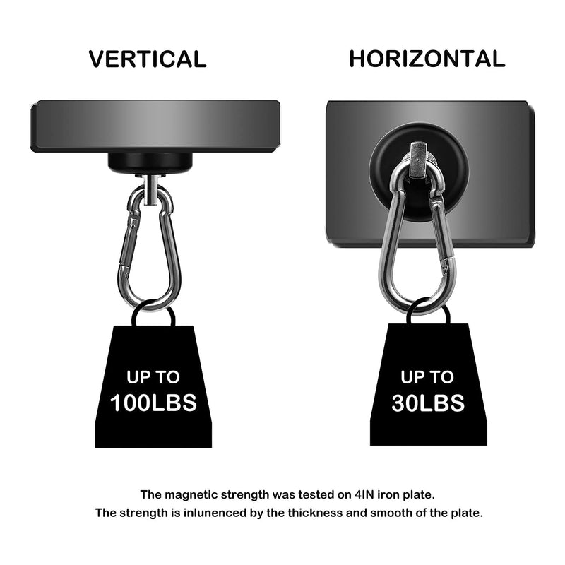 Magnetic Hooks 100lbs Black Magnet Hooks with Swiveling Carabiner for Hanging Refrigerator Strong Large Neodymium Magnet (100LBS-2PACK-BLACK) 100LBS-2PACK