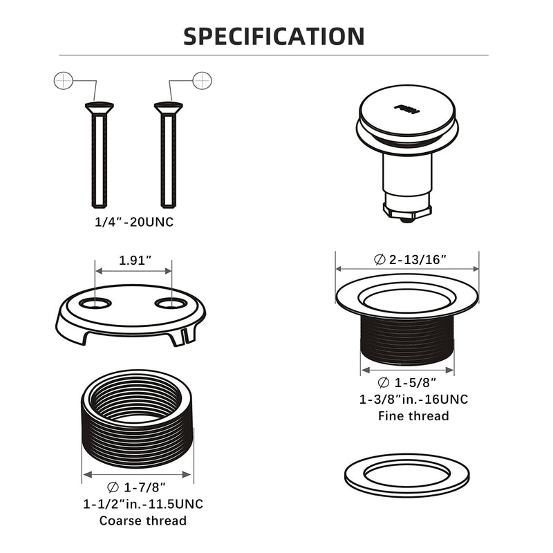 All Metal Tip-Toe Bathtub Drain Kit with Two-Hole Overflow Faceplate and Universal Fine/Coarse Thread Assembly, Bath Tub Drain Kit fits All Bathtub -Chrome Plated Chrome Plated