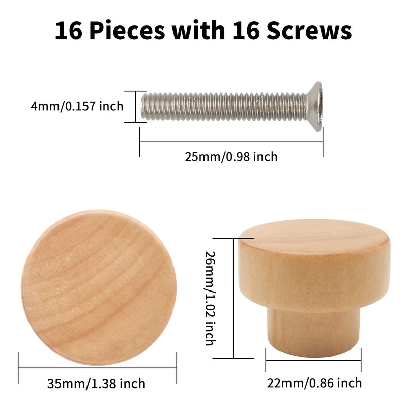 16PCS Wood Knobs Flat Top Round Cabinet Knobs 1.39"(35mm) Natural Wooden Dresser Drawer Pulls Kitchen Cabinet Handles 16 Pieces Flat Top Natural