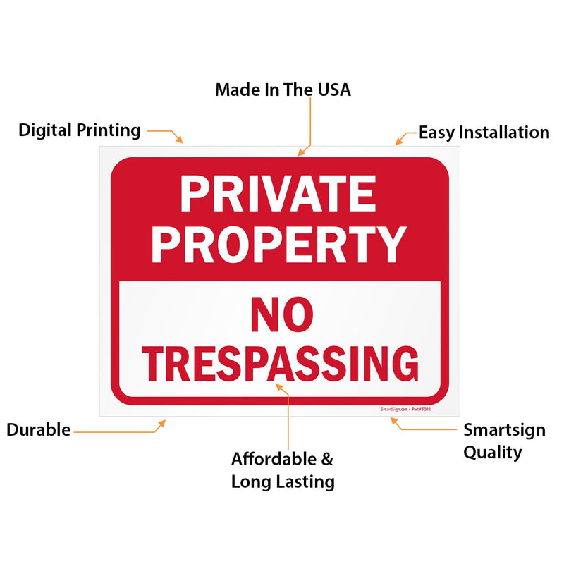 SmartSign Private Property No Trespassing Sign, 9" x 12" Polystyrene Plastic (Pack of 5) Screen Printed, 10 mil Polystyrene Plastic, Red and White, Made in USA Pack of 5