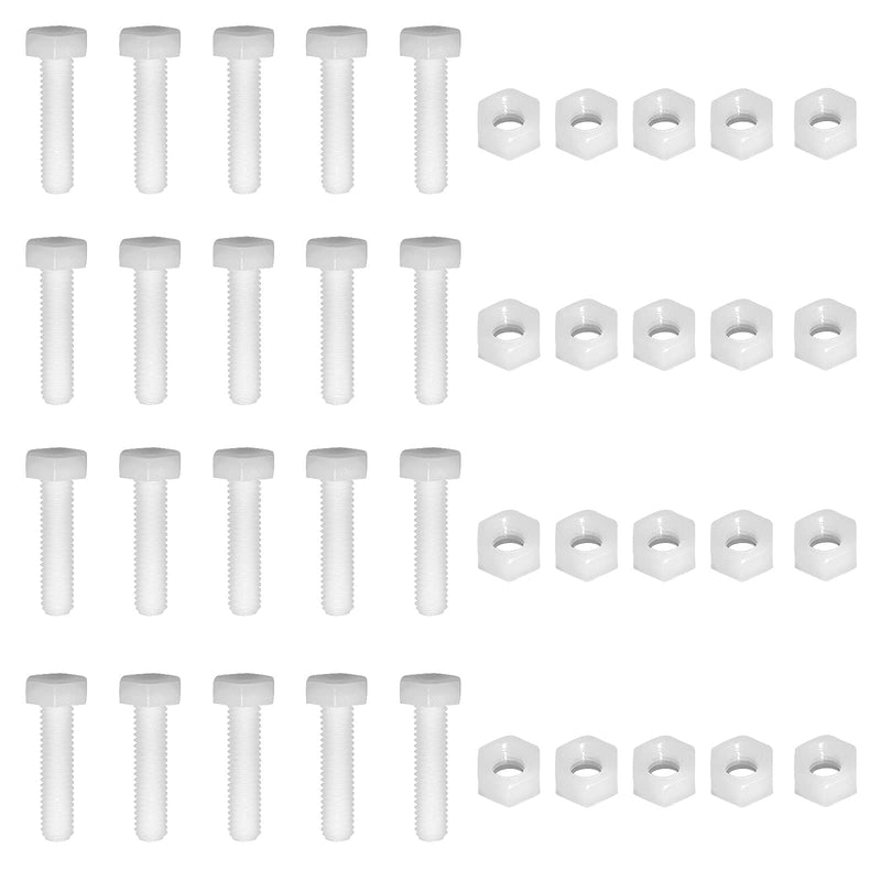Piutouyar 20 Pair M6x25mm White Nylon Hex Bolts Plastic Hex Nuts Full Thread Hex Head Screws and Nuts Set