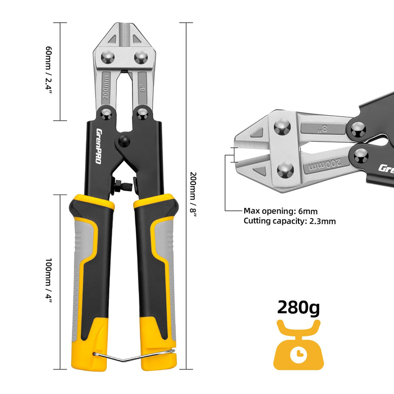 Mini Bolt Cutter 8 Inch, Small Wire Cable Cutter Heavy Duty with Ergonomic Handle Grip,Spring Loaded Snips Clippers CR-V Steel, Sharpened Cutting Edge for Wire, Cables, Chains, Small Screws