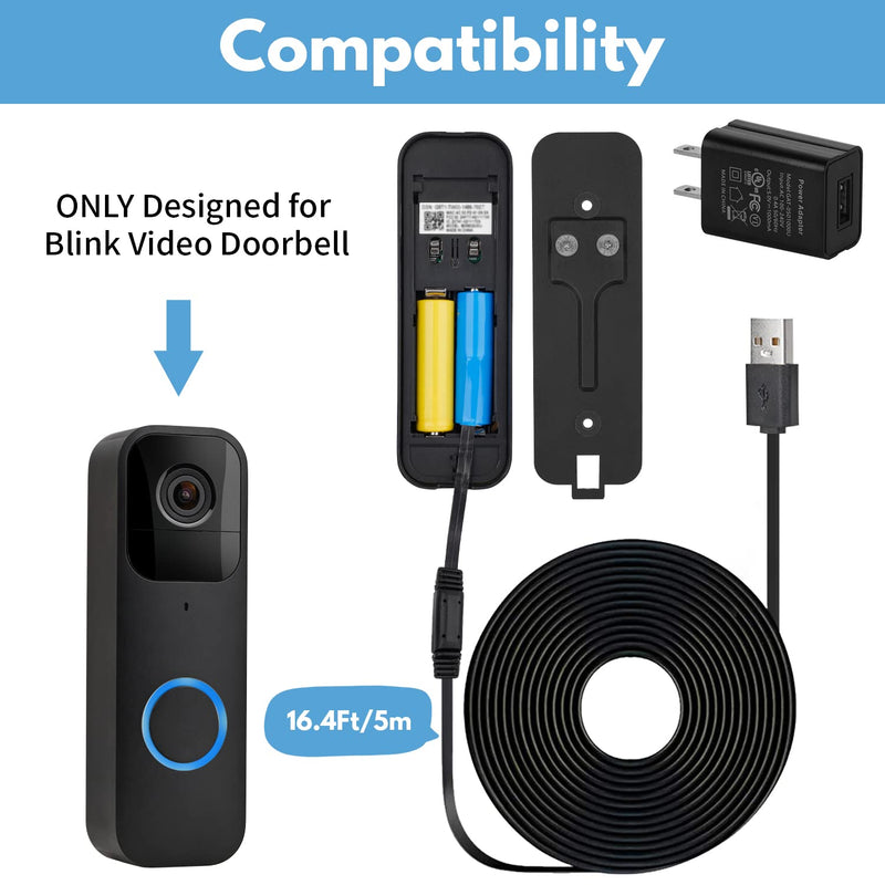 ALERTCAM Power Adapter for Blink Video Doorbell (Replace Battery), Doorbell Transformer with 16.4ft/5m Weatherproof Cable Continuously Charging Your Video Doorbell Black